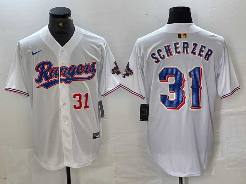 Men%27s Texas Rangers #31 Max Scherzer Number White 2023 World Series Champions Cool Base Jersey